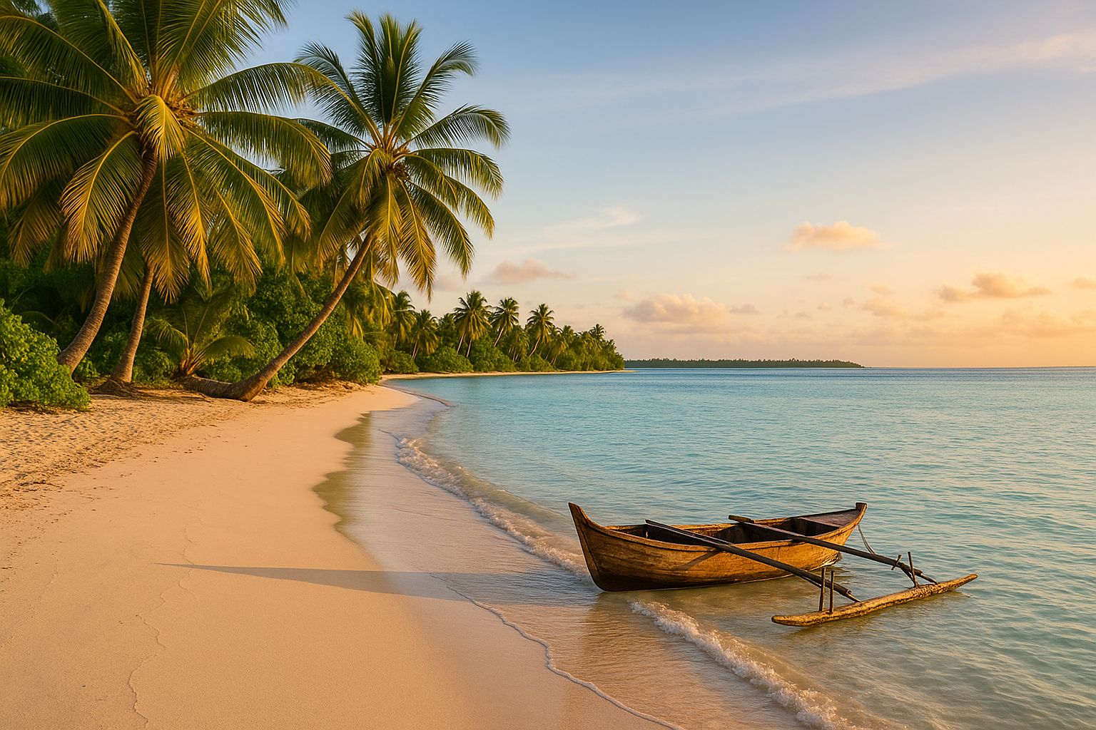 Plage dorée à Kiribati au couchant, pirogue à balancier sur le rivage, palmiers et lagon turquoise très calme à l’horizon.