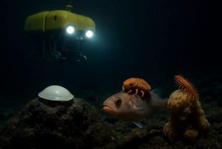 Scène abyssale à 6 000 m : un ROV éclaire un Veleropilina, un isopode parasite sur un poisson et un ver polychète sur une éponge.