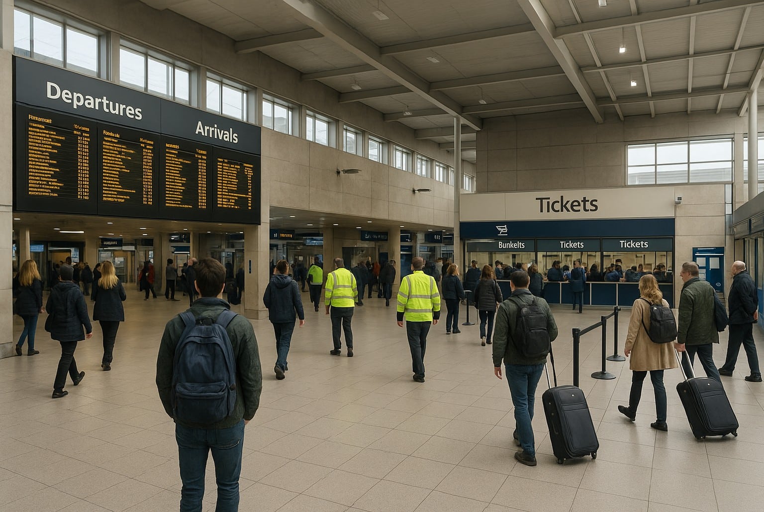 Hall de gare britannique lumineux avec panneaux de départs/arrivées, guichets « Tickets » et voyageurs en mouvement.
