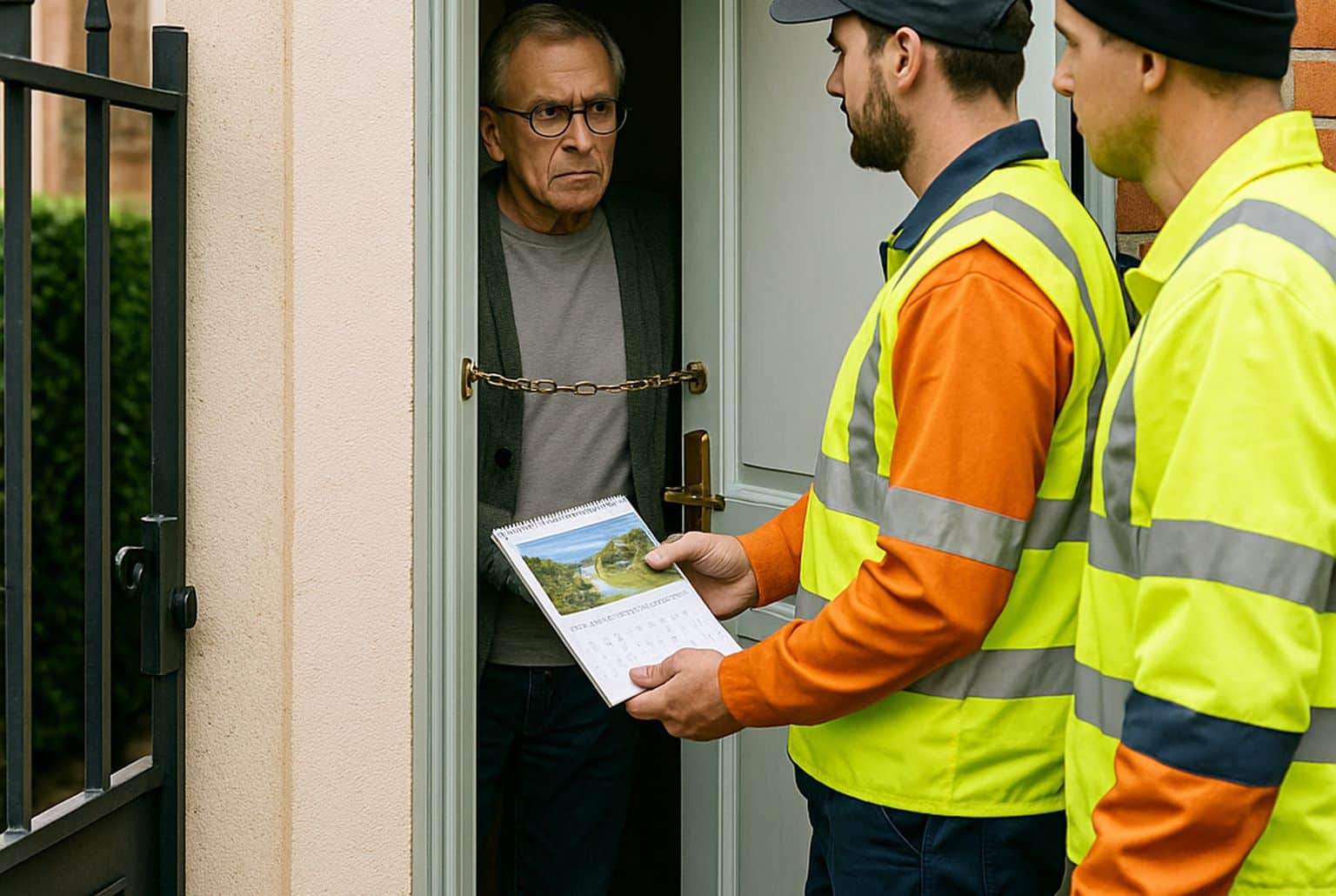 Deux faux « éboueurs » en gilet réfléchissant présentent un calendrier à un homme méfiant derrière une chaîne de porte.