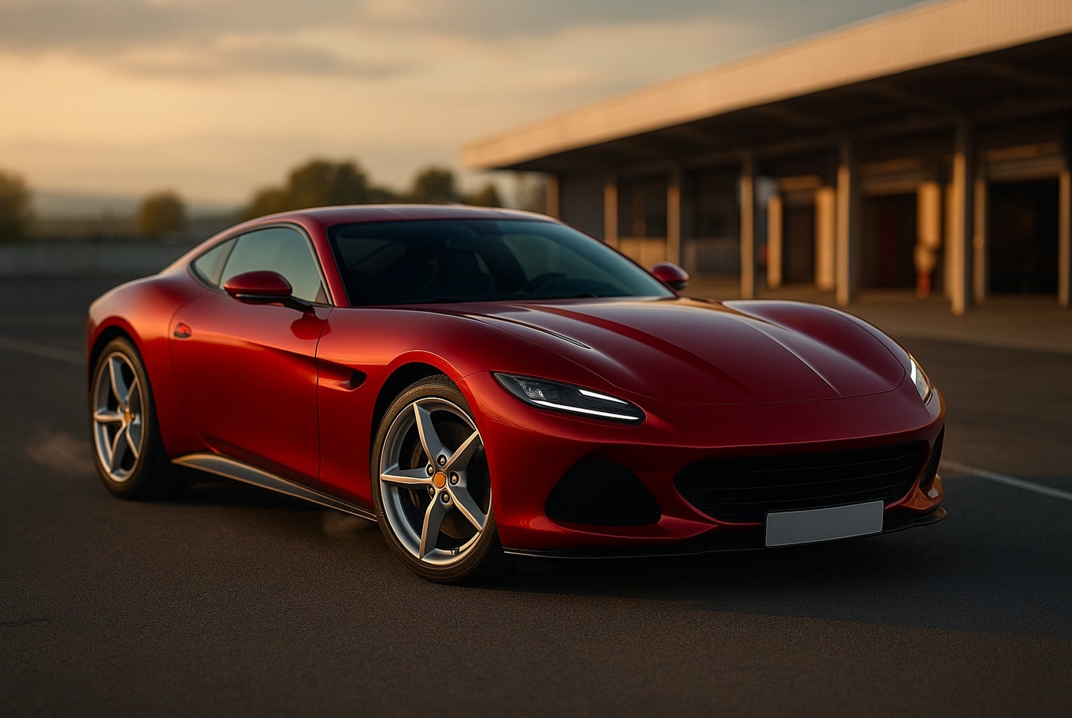 Prototype de GT Ferrari rouge à moteur avant, échappement latéral visible sous la porte, photographiée de trois-quarts en paddock au soleil couchant.