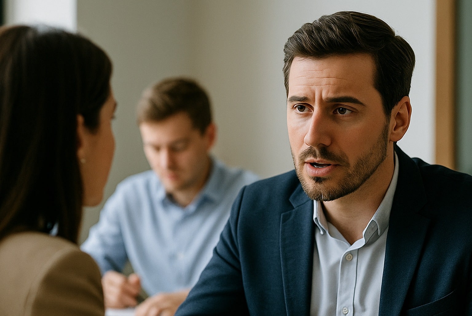 Réunion en lumière naturelle ; un collaborateur expose calmement son point de vue, sa collègue écoute, un troisième prend des notes à l’arrière-plan.