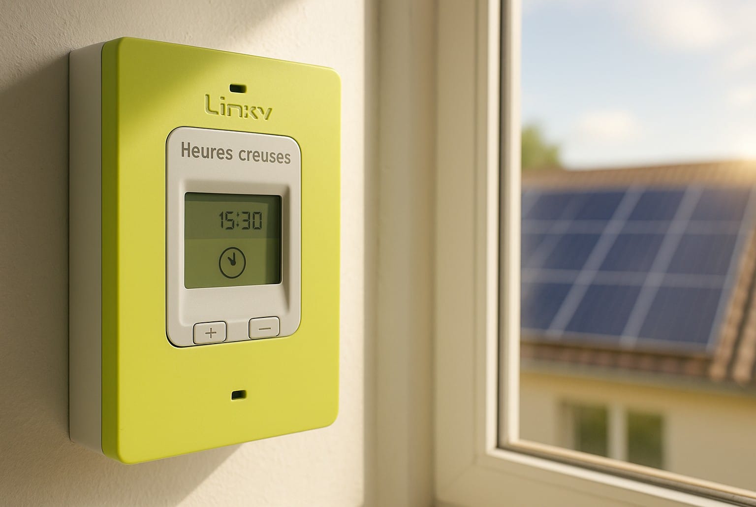 Compteur Linky affichant « Heures creuses » à 15 h 30, lumière d’après-midi, panneaux solaires visibles en arrière-plan.