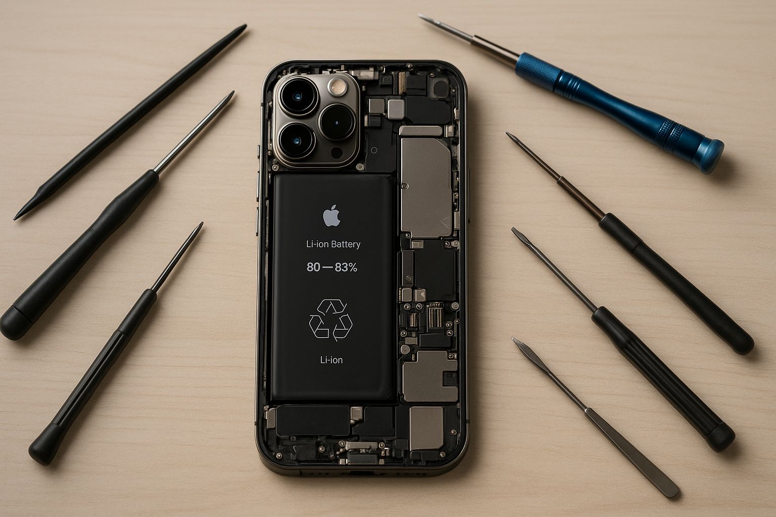 iPhone 14 Pro démonté sur un établi, modules internes visibles et outils de précision autour, éclairage doux en studio.