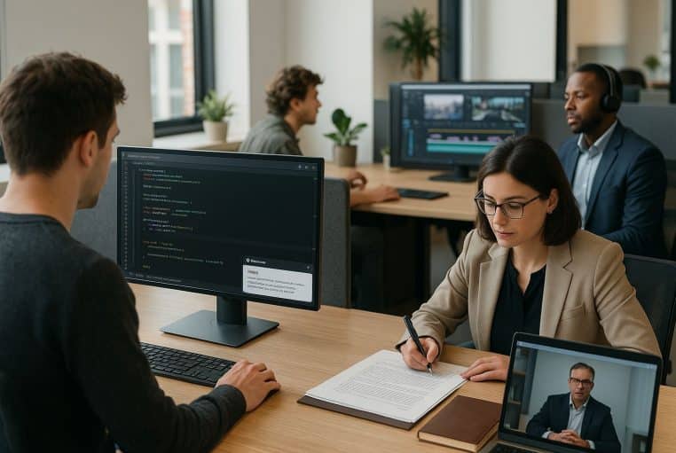 Open-space moderne : développeur, juriste, commercial en visio et monteur vidéo, chacun assisté par un outil d’IA.