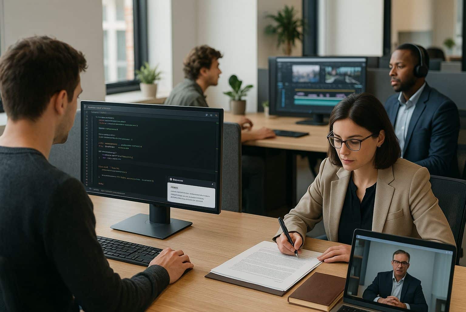 Open-space moderne : développeur, juriste, commercial en visio et monteur vidéo, chacun assisté par un outil d’IA.