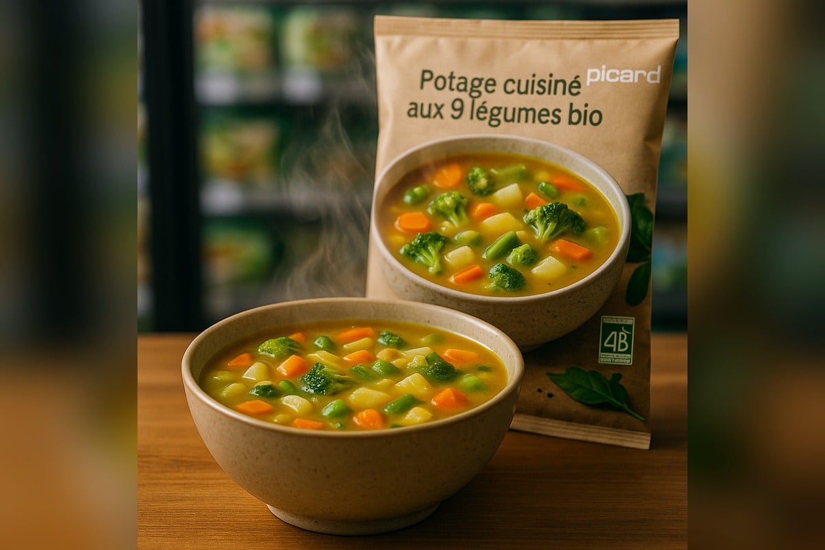 Bol de soupe de légumes fumante, servie sur une table en bois avec pain et torchon, ambiance réaliste.