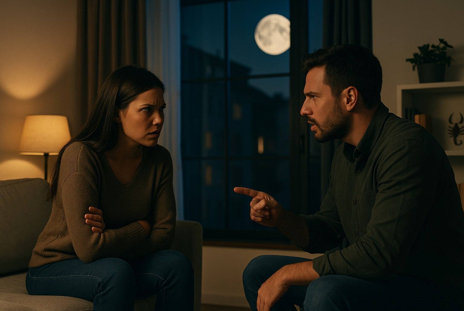 Couple en discussion tendue au crépuscule, pleine lune visible à la fenêtre, détail discret évoquant l’énergie du Scorpion.