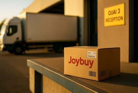 Colis Joybuy posé sur un quai logistique en France, prêt à l’expédition, avec un camion blanc flou en arrière-plan.
