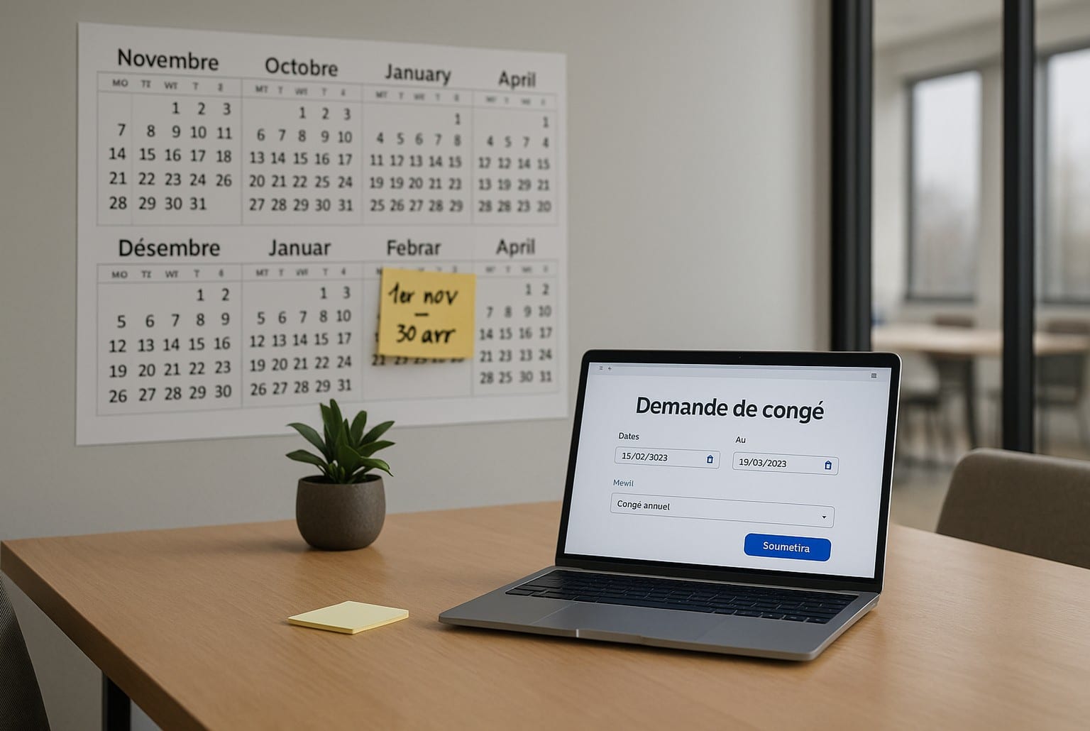 Laptop affichant « Demande de congé » sur un bureau de réunion, avec mur de calendriers novembre–avril et post-it « 1er nov – 30 avr