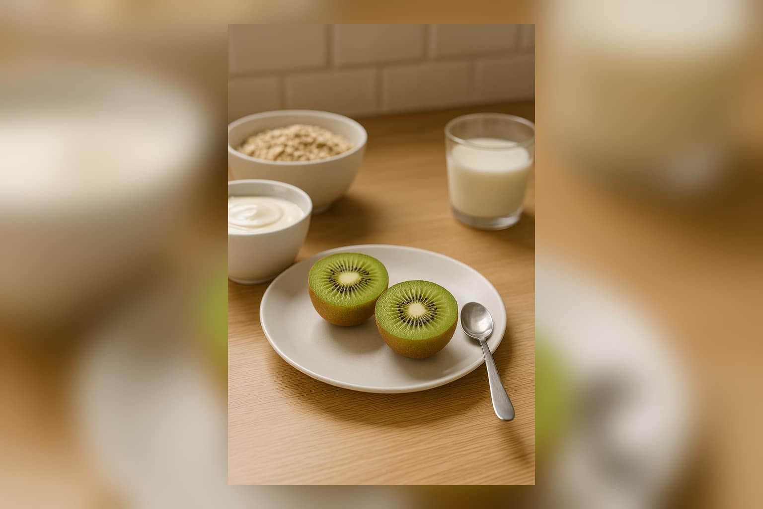 Deux moitiés de kiwi sur une assiette, avec yaourt et flocons d’avoine sur un plan de travail en bois.