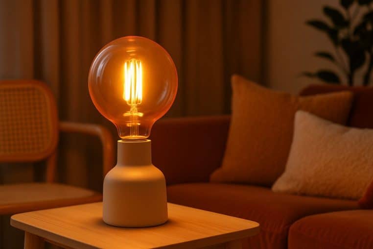 Gros plan d’une ampoule décorative ambrée allumée sur lampe en céramique, éclairant un salon cosy en tons chauds.