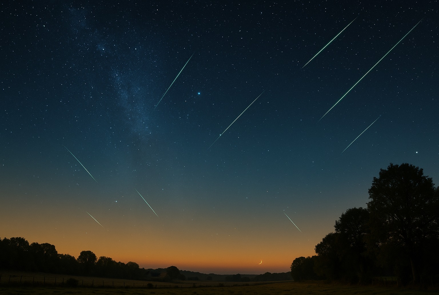 Ciel nocturne français avant l’aube avec traînées bleu-vert des Léonides et fin croissant lunaire au-dessus d’un paysage rural.