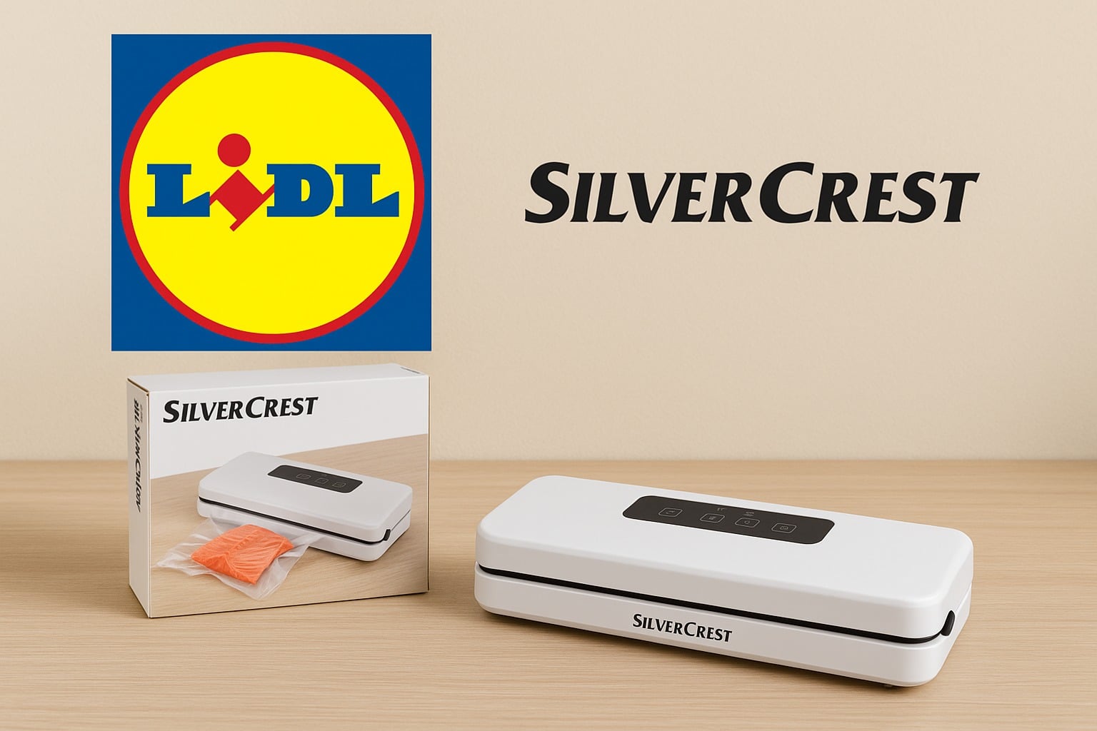 Appareil de mise sous vide SilverCrest posé sur un comptoir en bois, sa boîte à gauche, avec le logo Lidl en arrière-plan.