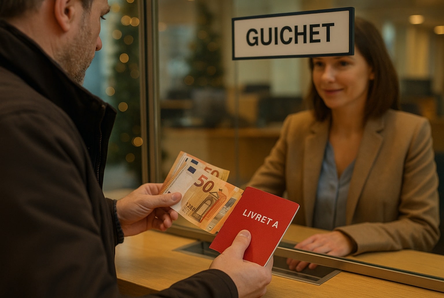 Client dépose des billets au guichet, livret A rouge en main, pour profiter de la dernière quinzaine d’intérêts avant le 15 décembre.