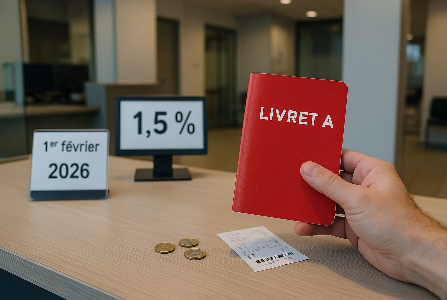 Main tenant un Livret A rouge dans une agence bancaire ; écrans affichant « 1,5 % » et « 1ᵉʳ février 2026 », pièces en euros sur le comptoir.