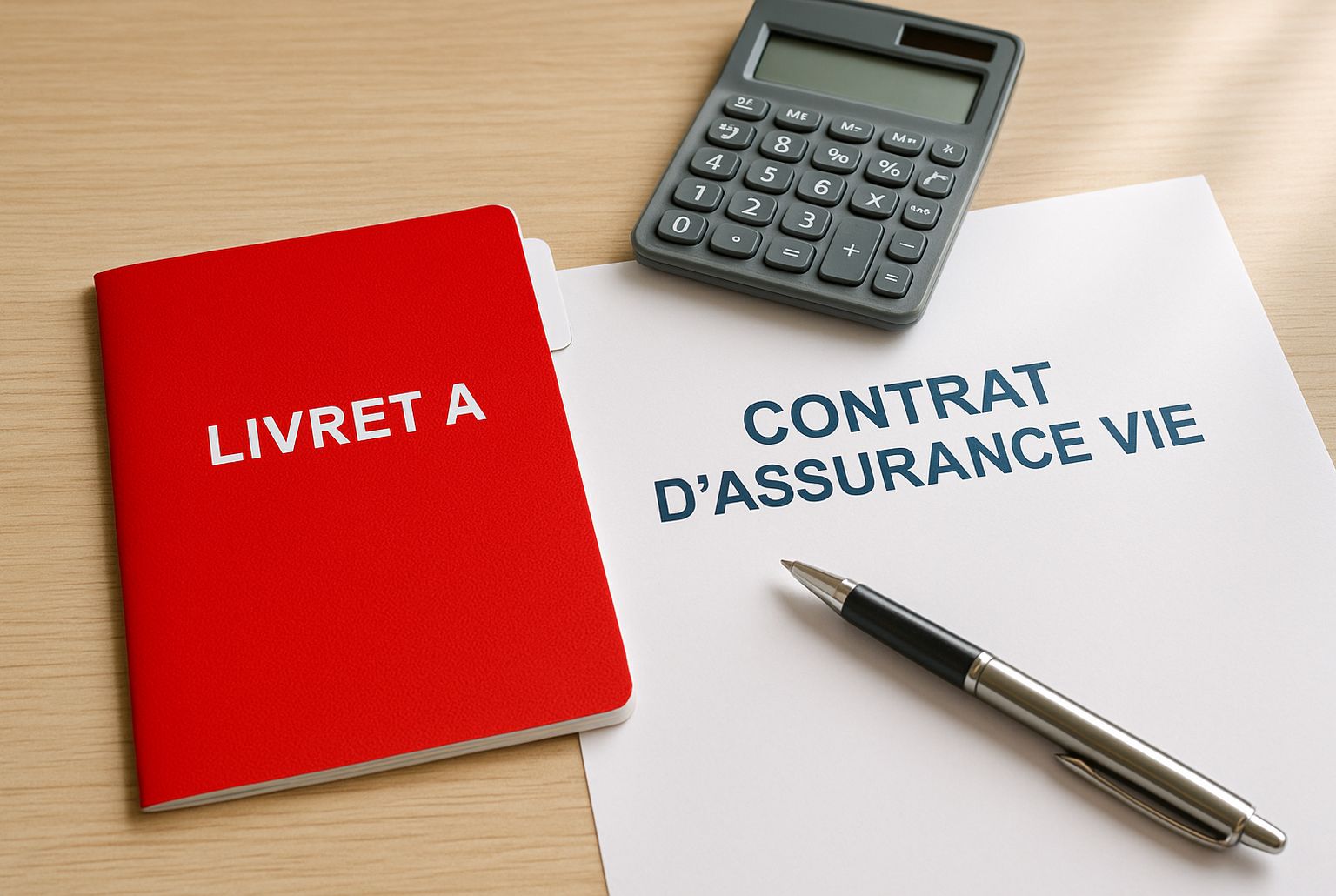 Livret A rouge sur un bureau, à côté d’un contrat d’assurance vie, d’une calculatrice et d’un stylo, illustrant 2025.