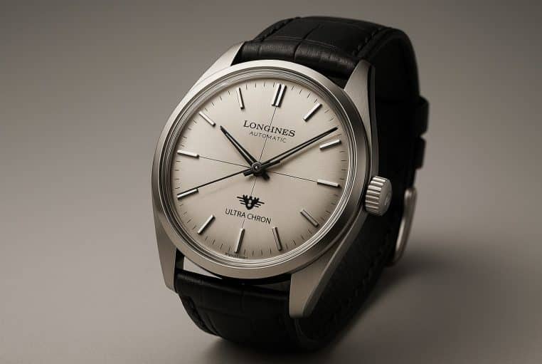 Montre Longines Ultra-Chron Classic en gros plan, boîtier acier, cadran argent brossé, bracelet cuir noir, éclairage studio.