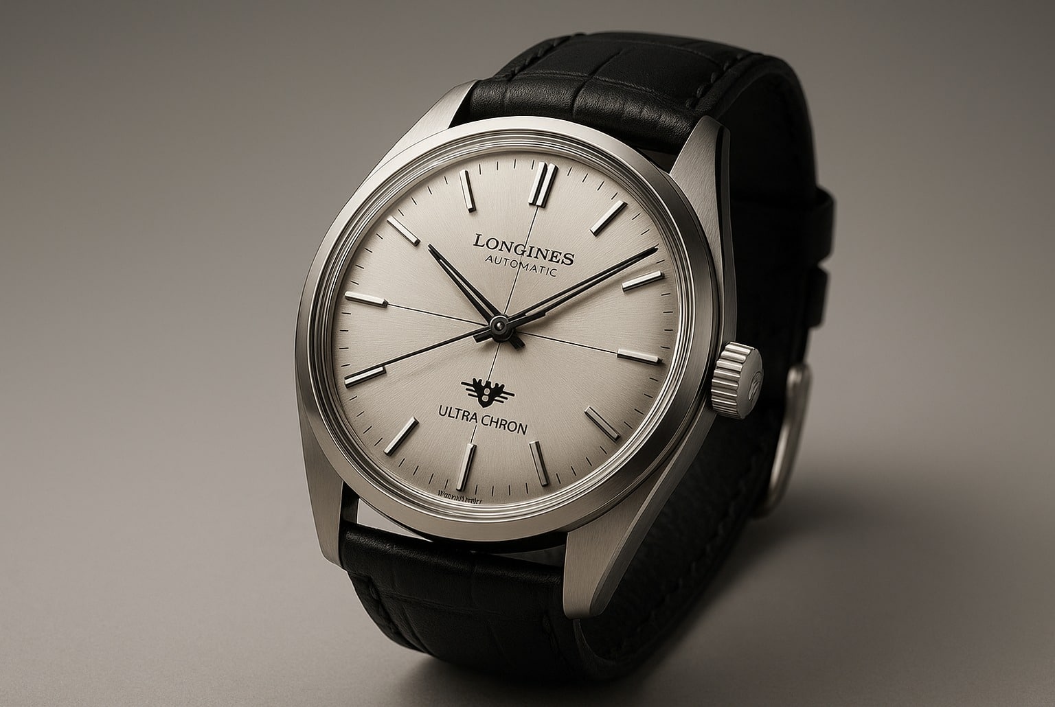 Montre Longines Ultra-Chron Classic en gros plan, boîtier acier, cadran argent brossé, bracelet cuir noir, éclairage studio.