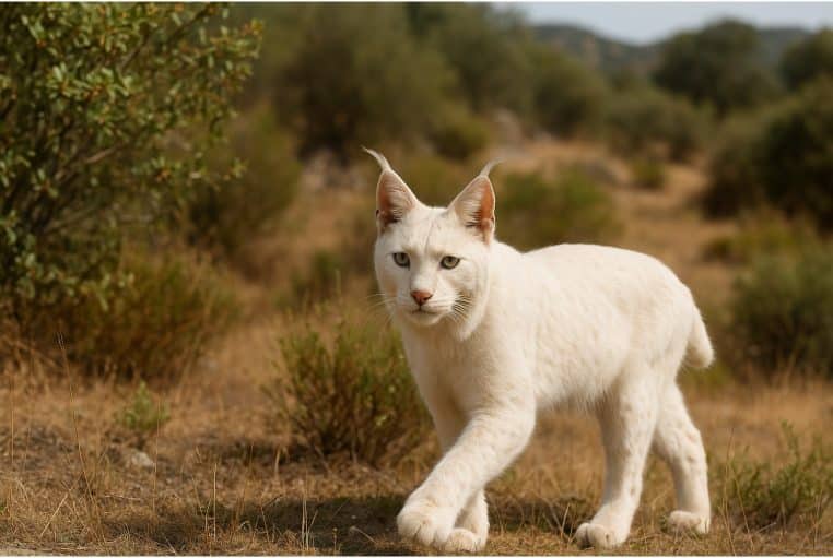 Lynx ibérique leucistique marchant dans la garrigue andalouse, pelage très clair, oreilles noires et regard attentif en plein jour.