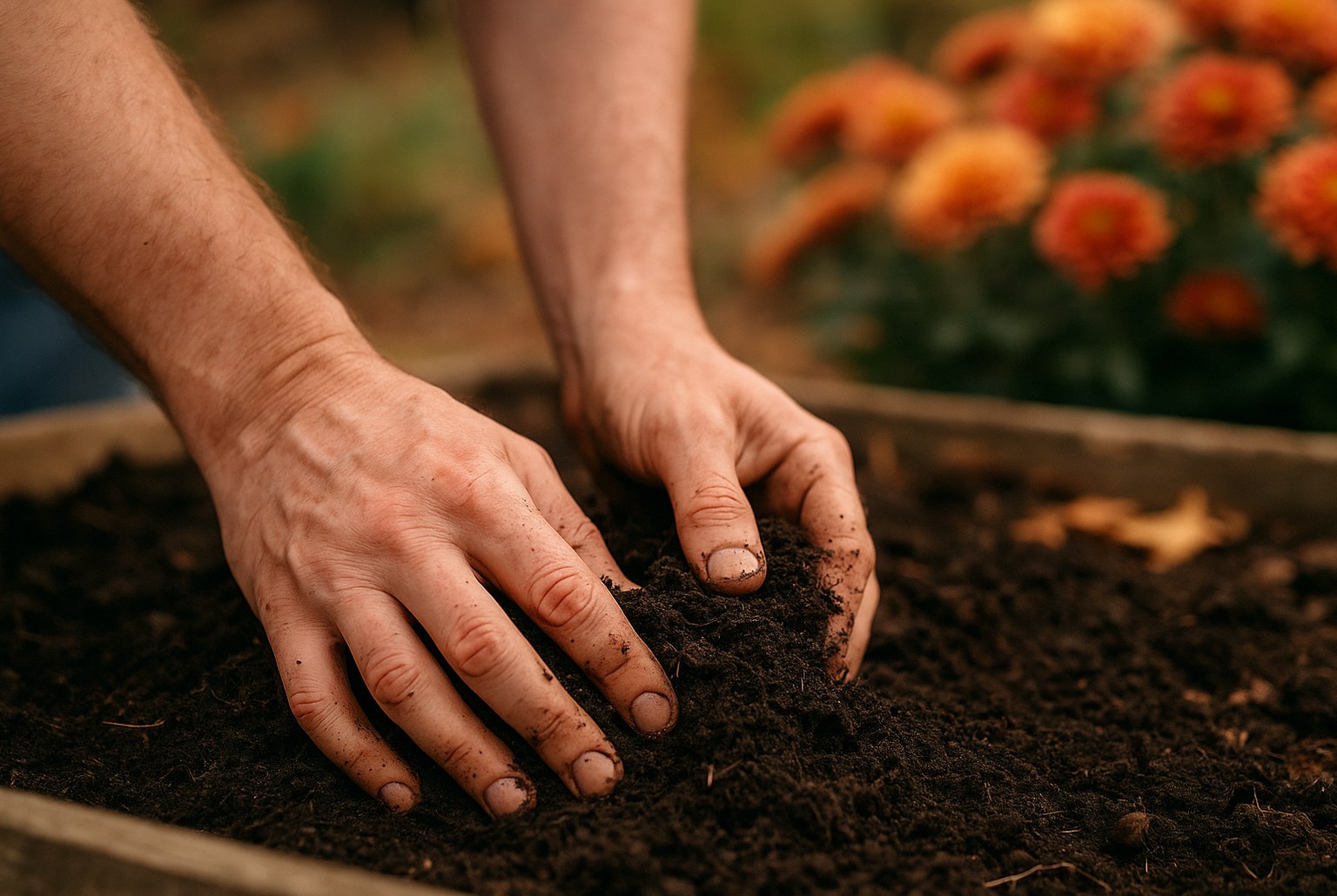 Gros plan de deux mains nues émiettant une motte d’humus sombre en automne, chrysanthèmes flous à l’arrière-plan.