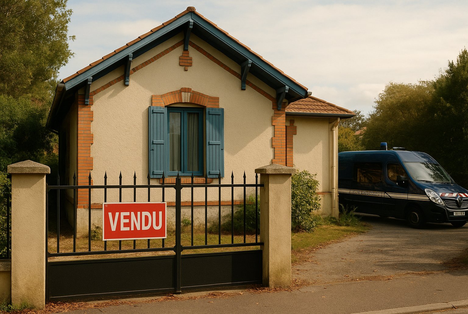 Façade d’une maison à Andernos-les-Bains avec portail fermé, panneau « Vendu » et fourgon de gendarmerie garé en arrière-plan.