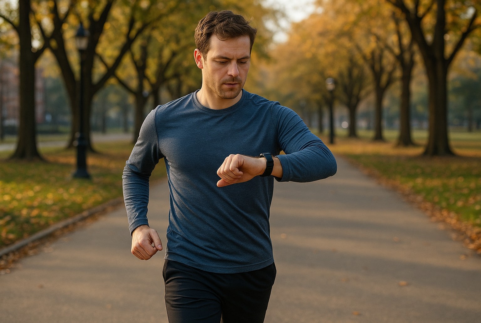 Homme marchant d’un pas soutenu dans un parc d’automne, regard concentré, chemin bordé d’arbres et bancs, ambiance douce et dorée.