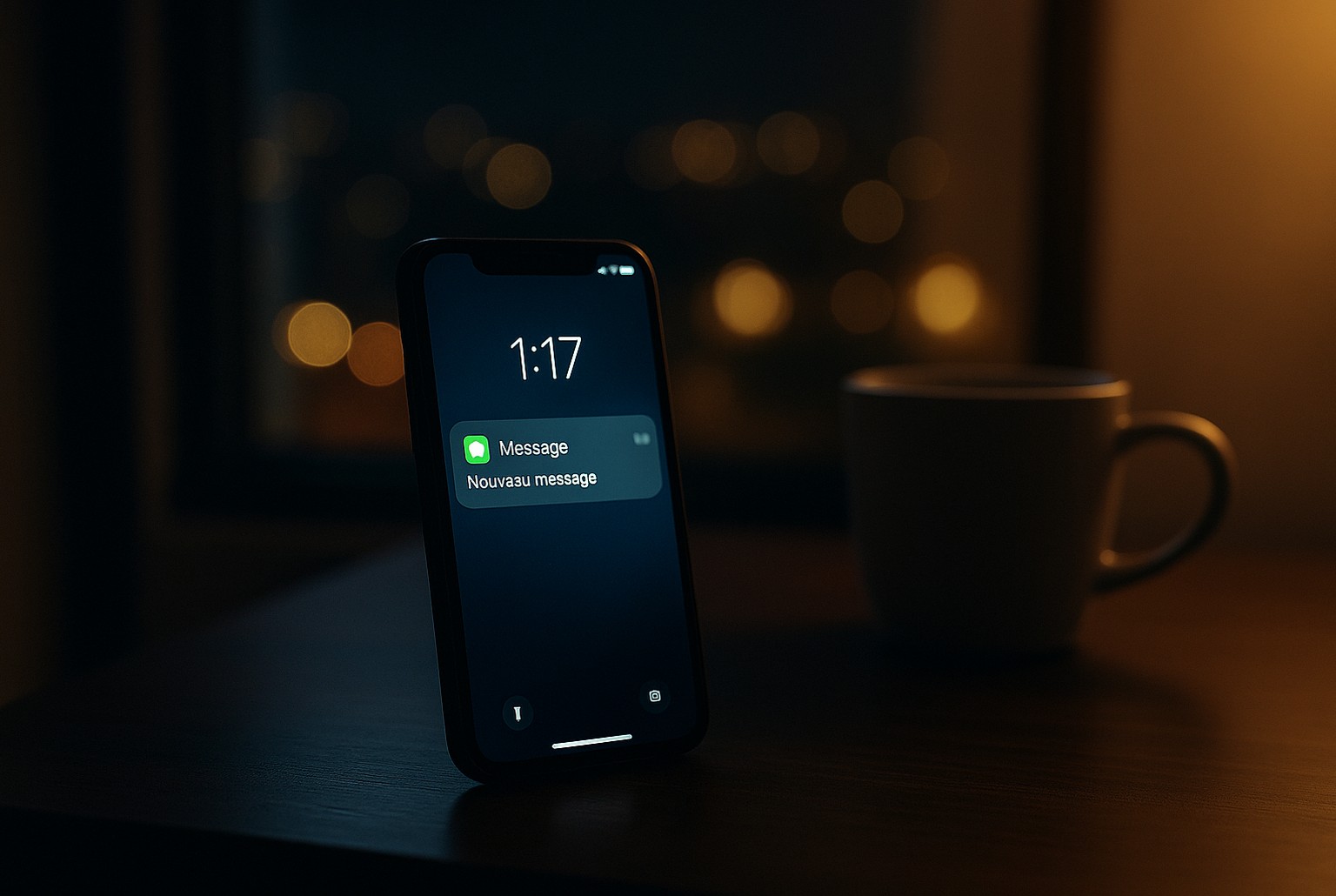 Smartphone sur table de nuit à 1 h 17 affichant « Nouveau message », ambiance bokeh évoquant un retour inattendu.