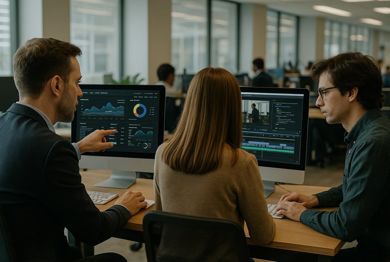 Professionnels au bureau : tableau de bord projet, montage vidéo et éditeur de code visibles sur trois écrans.