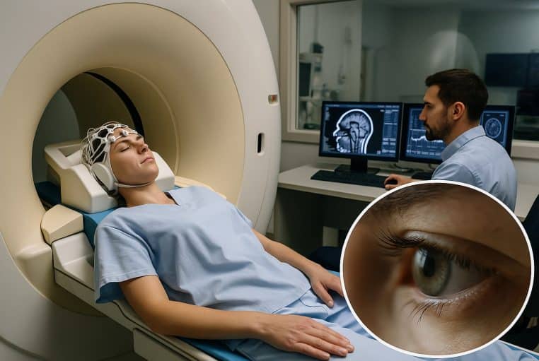 Patiente en IRM avec bonnet EEG, technicien au contrôle et insert sur l’œil illustrant la réponse pupillaire.