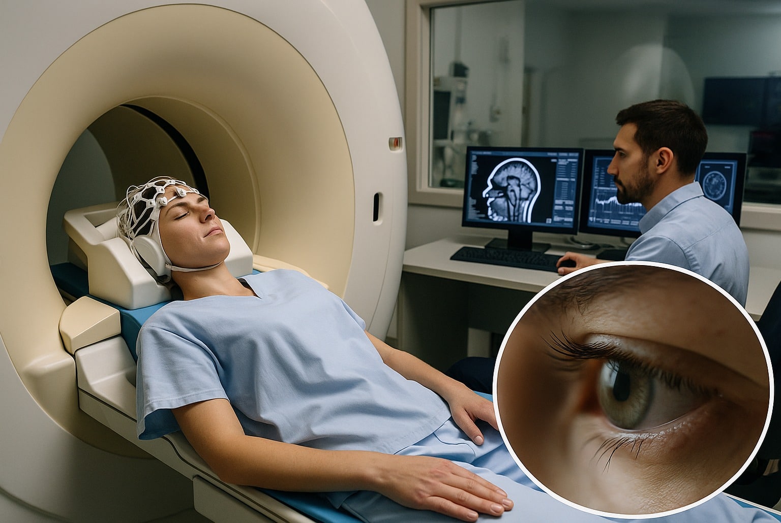 Patiente en IRM avec bonnet EEG, technicien au contrôle et insert sur l’œil illustrant la réponse pupillaire.