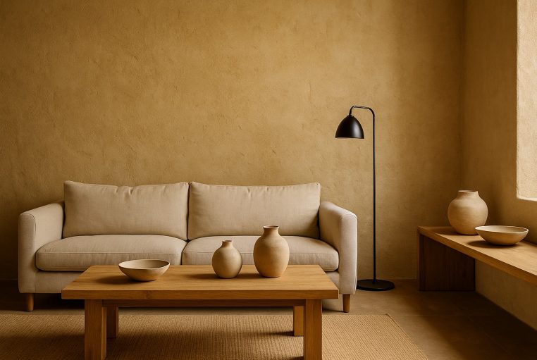 Salon cocooning avec mur texturé sable, lumière de fin d’après-midi, sofa beige, table en chêne et céramiques brutes.