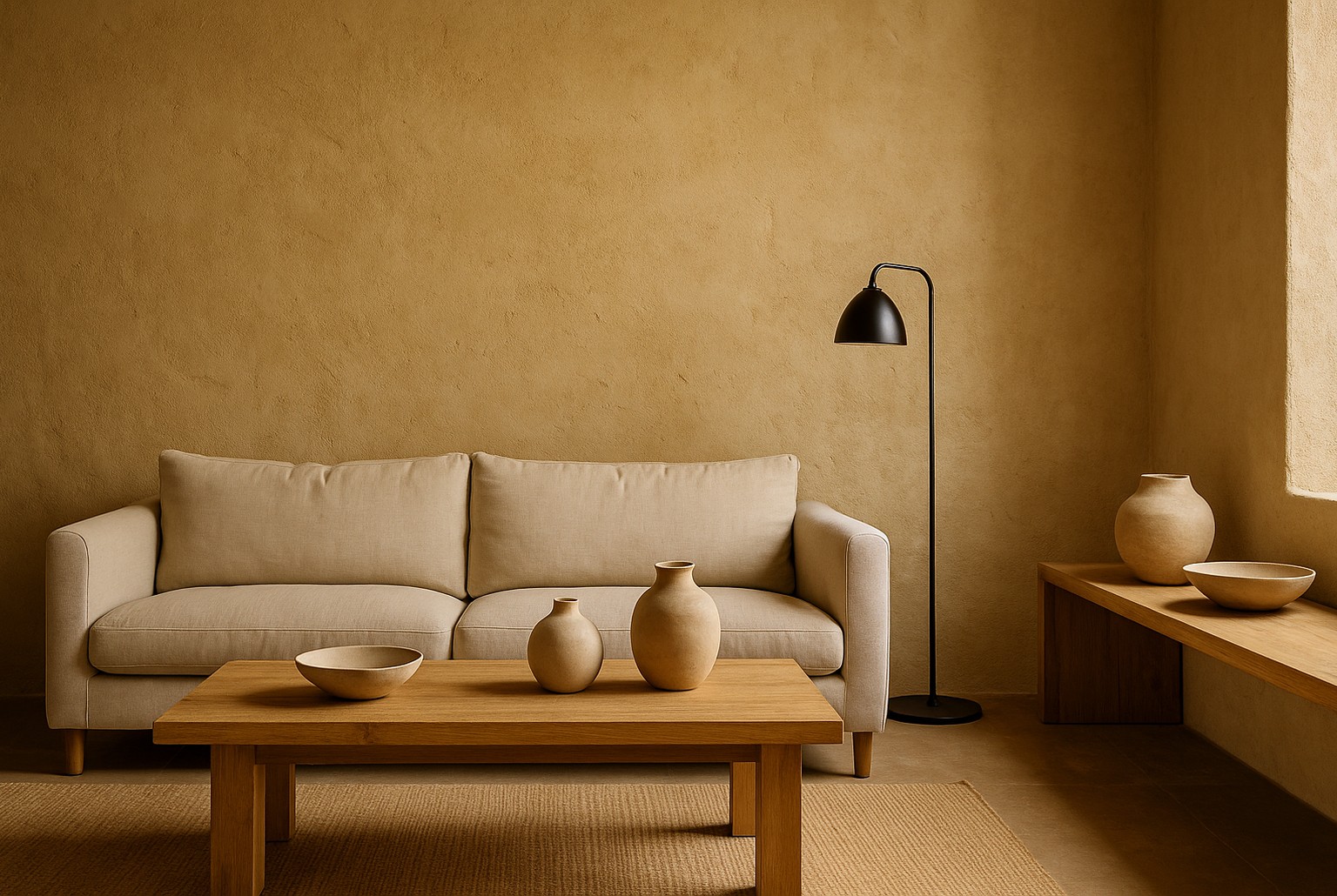 Salon cocooning avec mur texturé sable, lumière de fin d’après-midi, sofa beige, table en chêne et céramiques brutes.