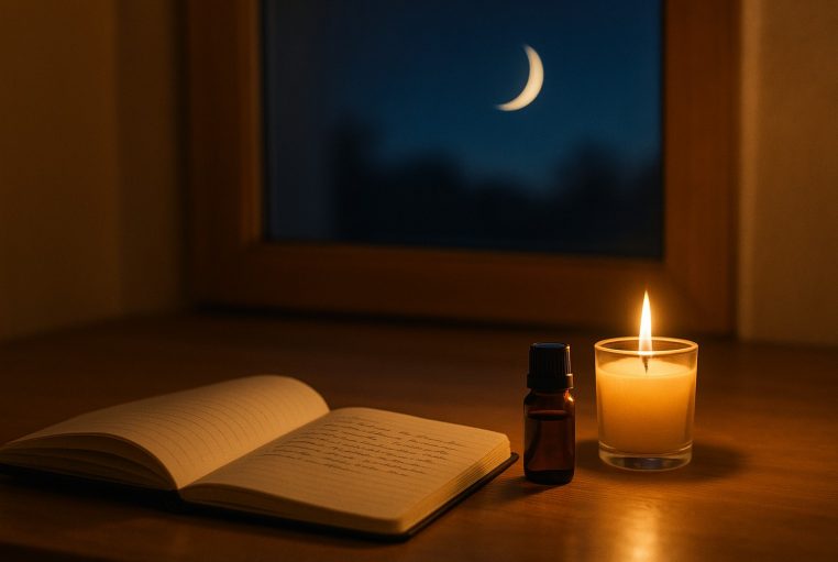 Cahier d’intentions, bougie allumée et flacon d’huile sur table au crépuscule, fin croissant de Lune visible par la fenêtre.