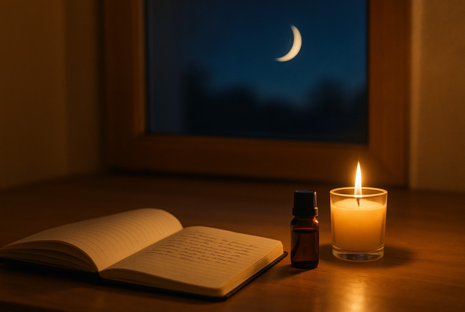 Cahier d’intentions, bougie allumée et flacon d’huile sur table au crépuscule, fin croissant de Lune visible par la fenêtre.