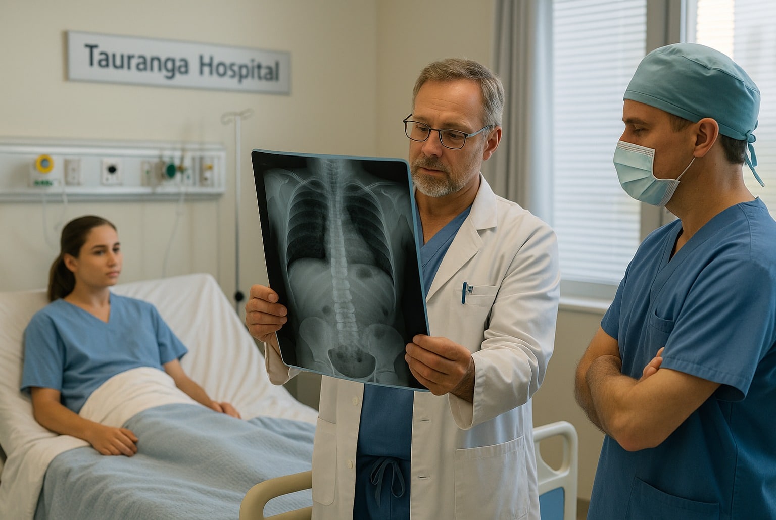 Dans une chambre de l’hôpital de Tauranga, un médecin montre une radiographie à un chirurgien tandis qu’un adolescent repose au lit.