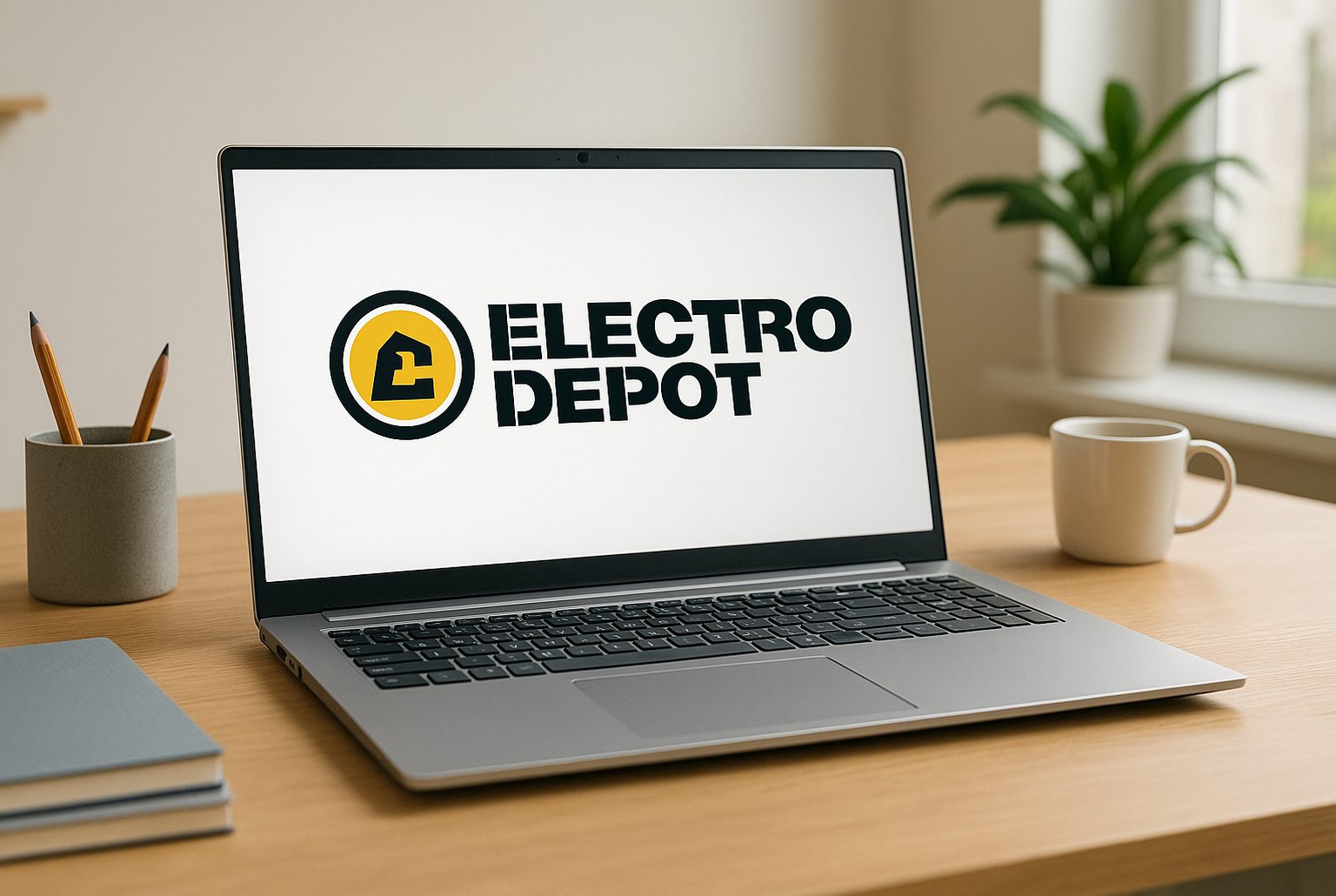 Ordinateur portable 17 pouces sur bureau clair, écran affichant en grand le logo Electro Dépôt, ambiance lumineuse et épurée.