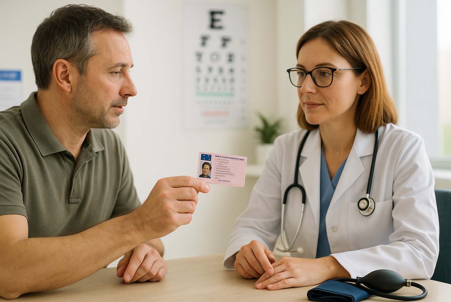 Conducteur présentant son permis européen à une médecin lors d’une visite médicale en cabinet lumineux, avec tableau d’acuité et tensiomètre visibles.