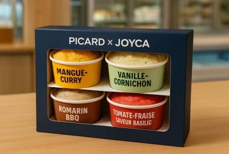 Coffret “Picard × Joyca” de quatre glaces posé sur comptoir : mangue-curry, vanille-cornichon, romarin BBQ, tomate-fraise basilic.