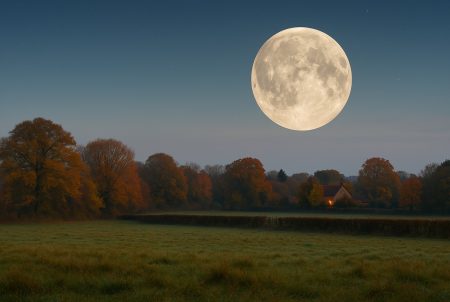 Pleine Lune très lumineuse au-dessus d’un paysage d’automne paisible, détaillée sur fond de ciel crépusculaire.