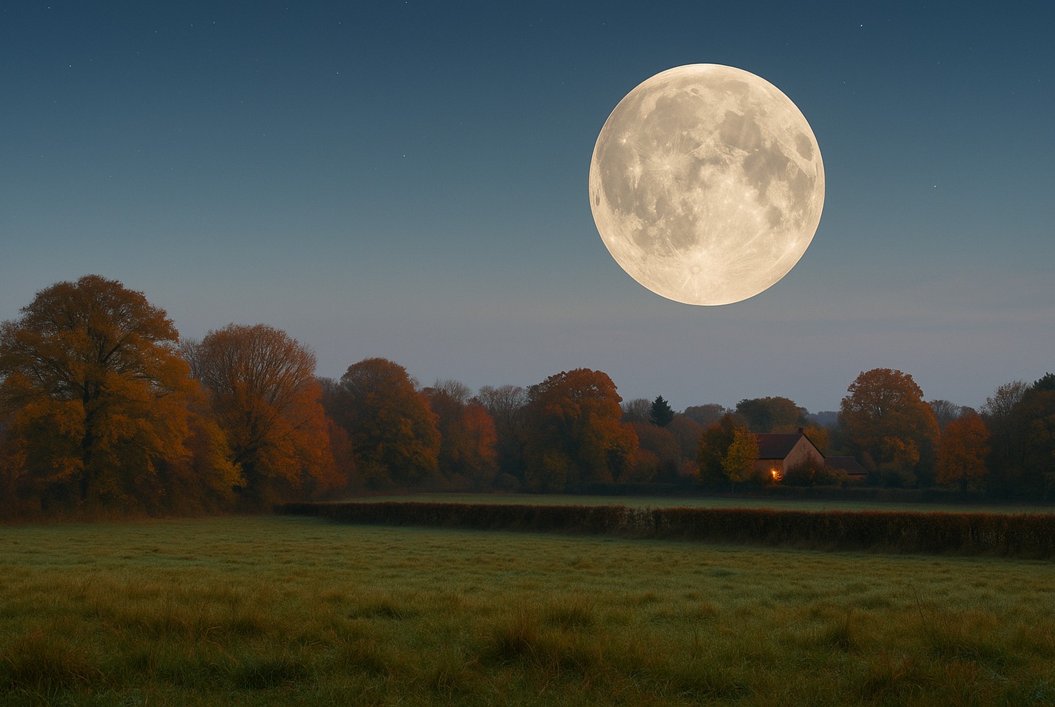 Pleine Lune très lumineuse au-dessus d’un paysage d’automne paisible, détaillée sur fond de ciel crépusculaire.