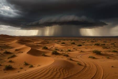 Rideaux de pluie s’abattant sur des dunes sahariennes, sous un ciel d’orage sombre, avec végétation clairsemée au premier plan.