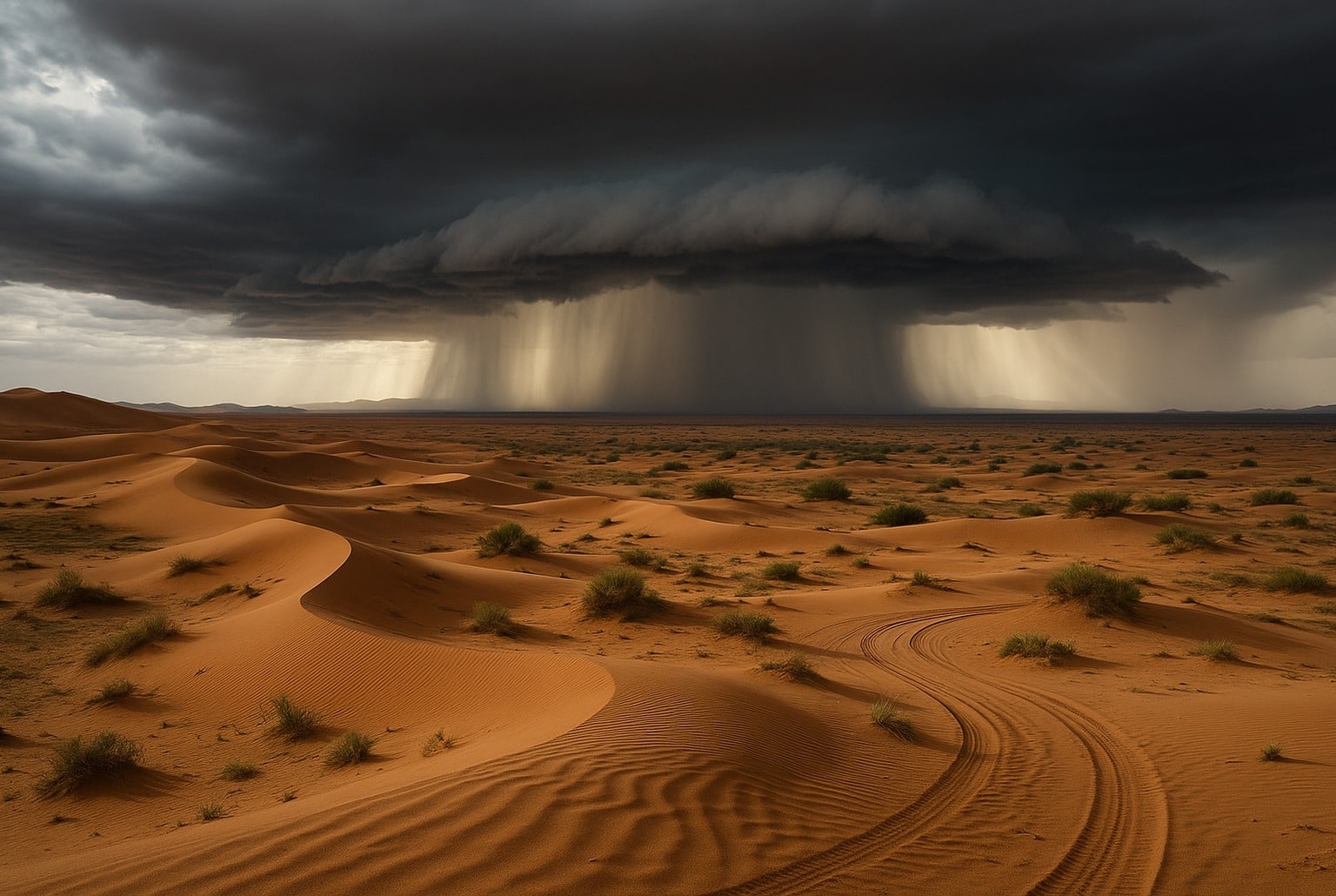 Rideaux de pluie s’abattant sur des dunes sahariennes, sous un ciel d’orage sombre, avec végétation clairsemée au premier plan.
