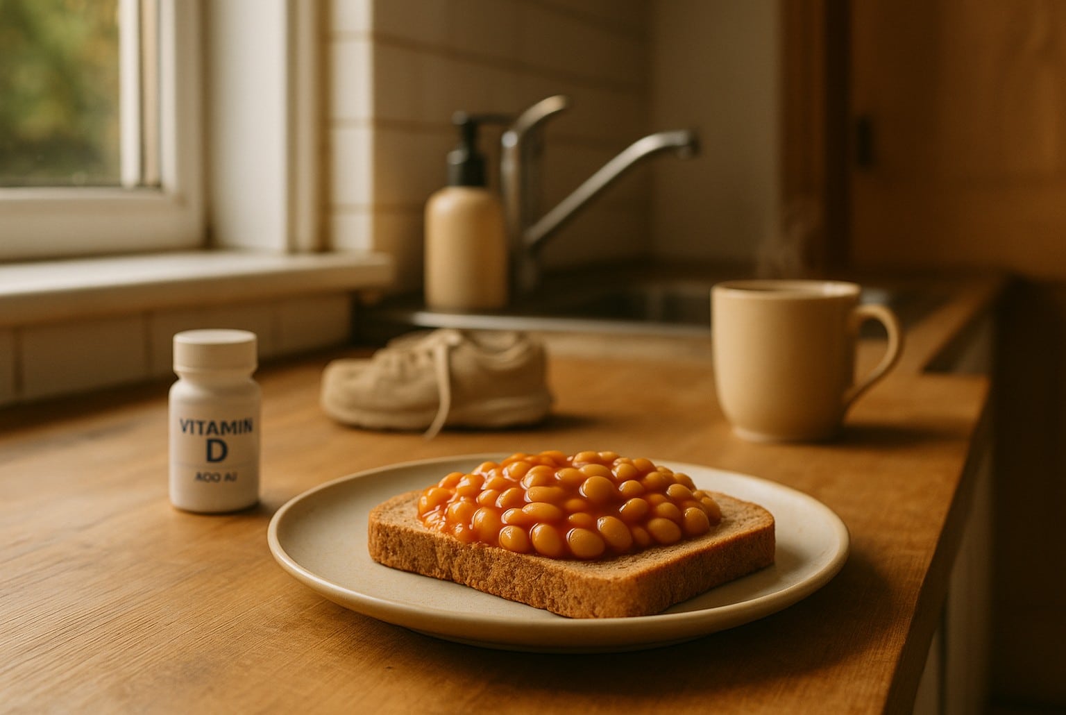 Table de cuisine d’automne : haricots sur toast, flacon de vitamine D, savon d’évier, baskets et tasse de thé fumant, gestes anti-rhume.