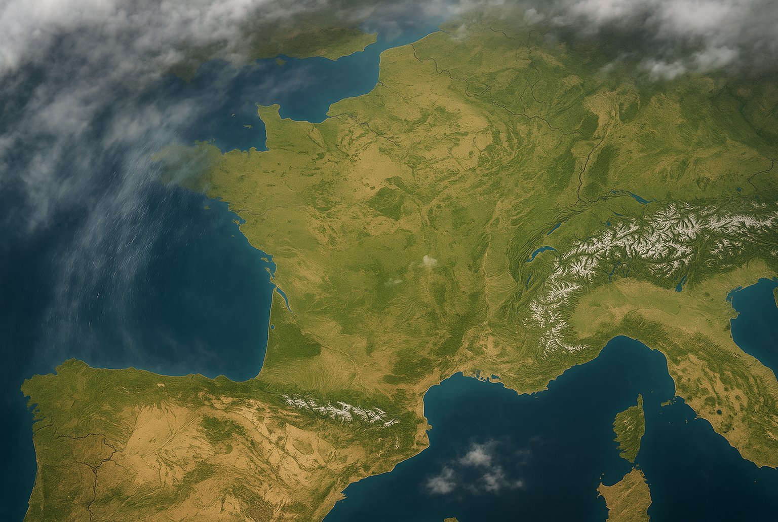 Carte de France vue satellite : pluies au nord-ouest, éclaircies au sud-est, reliefs faiblement enneigés, ambiance douce.
