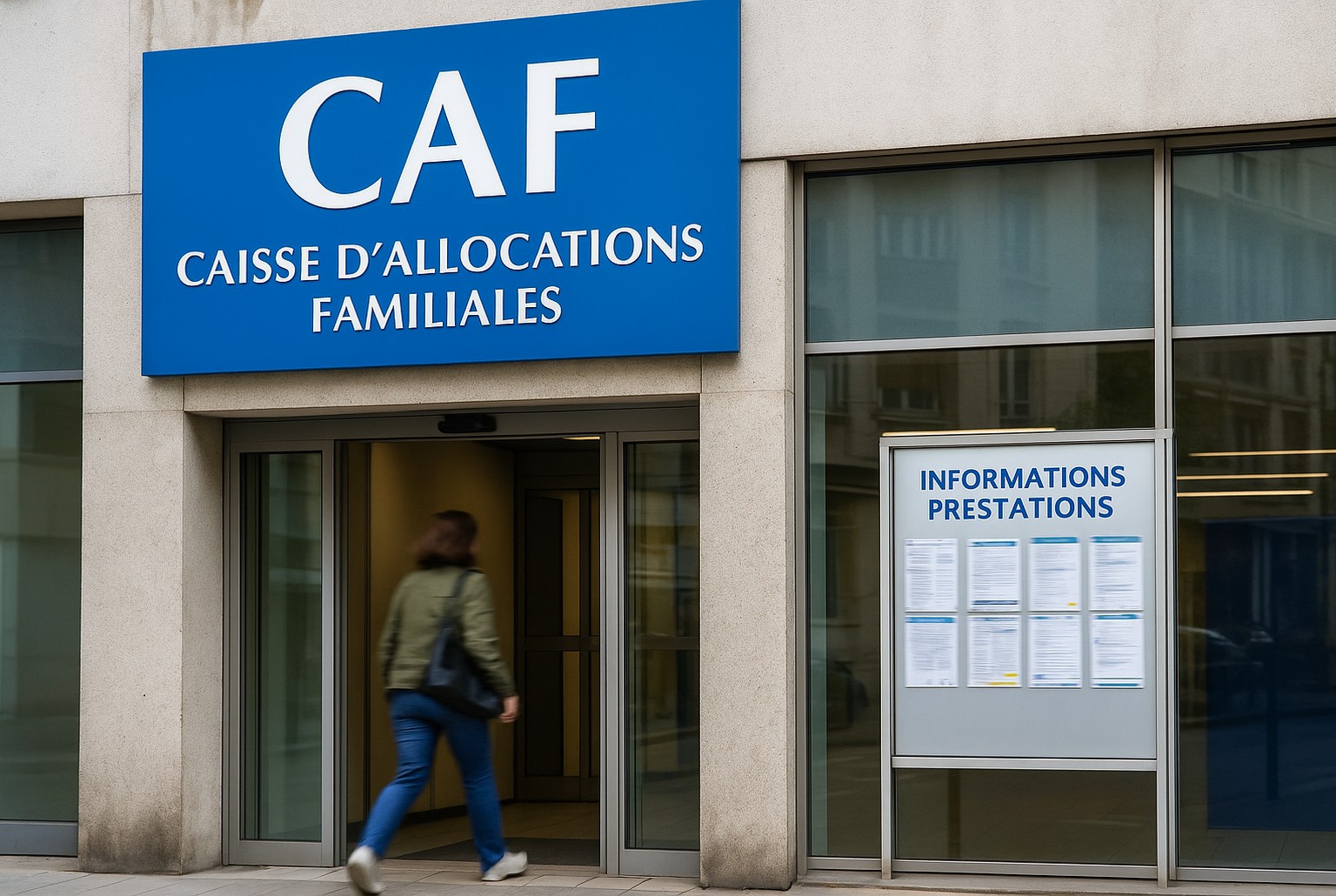 Vue réaliste d’une agence de la CAF, enseigne bleue et entrée vitrées, illustrant le versement automatique de la prime de Noël 2025.