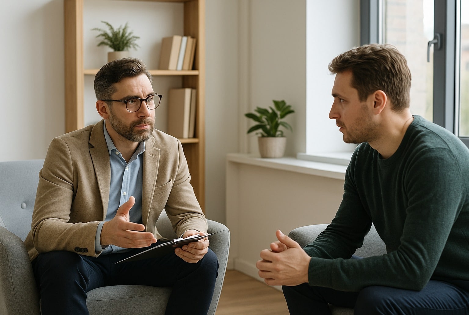Thérapeute prenant des notes face à un patient, en consultation, dans un cabinet lumineux.