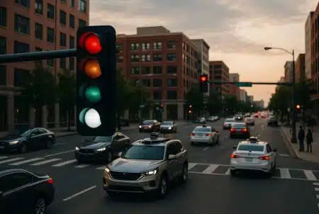 Carrefour urbain en journée : feu à quatre couleurs avec voyant blanc allumé, voitures autonomes en file, piétons en attente au passage.