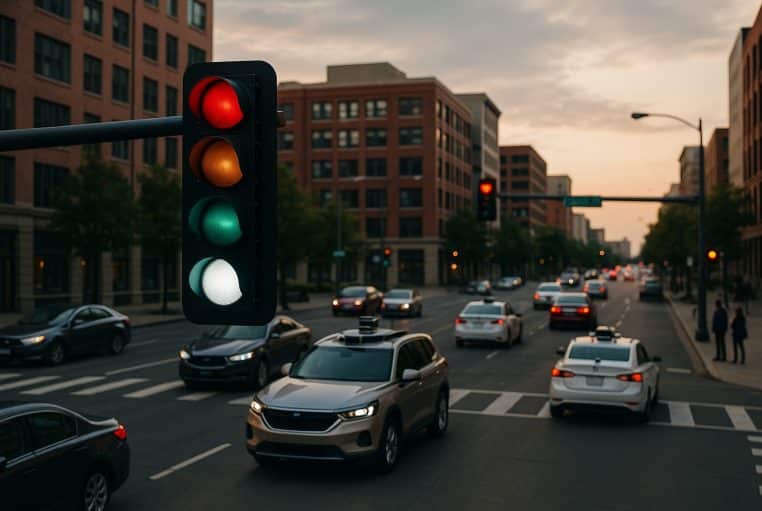 Carrefour urbain en journée : feu à quatre couleurs avec voyant blanc allumé, voitures autonomes en file, piétons en attente au passage.