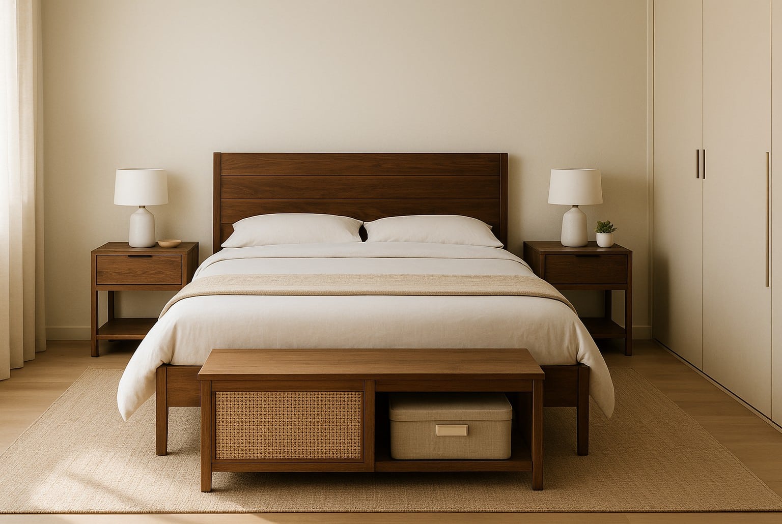 Chambre contemporaine lumineuse, lit double bois, rangements fermés et banc-coffre, sans chaise visible, ambiance sereine et ordonnée.